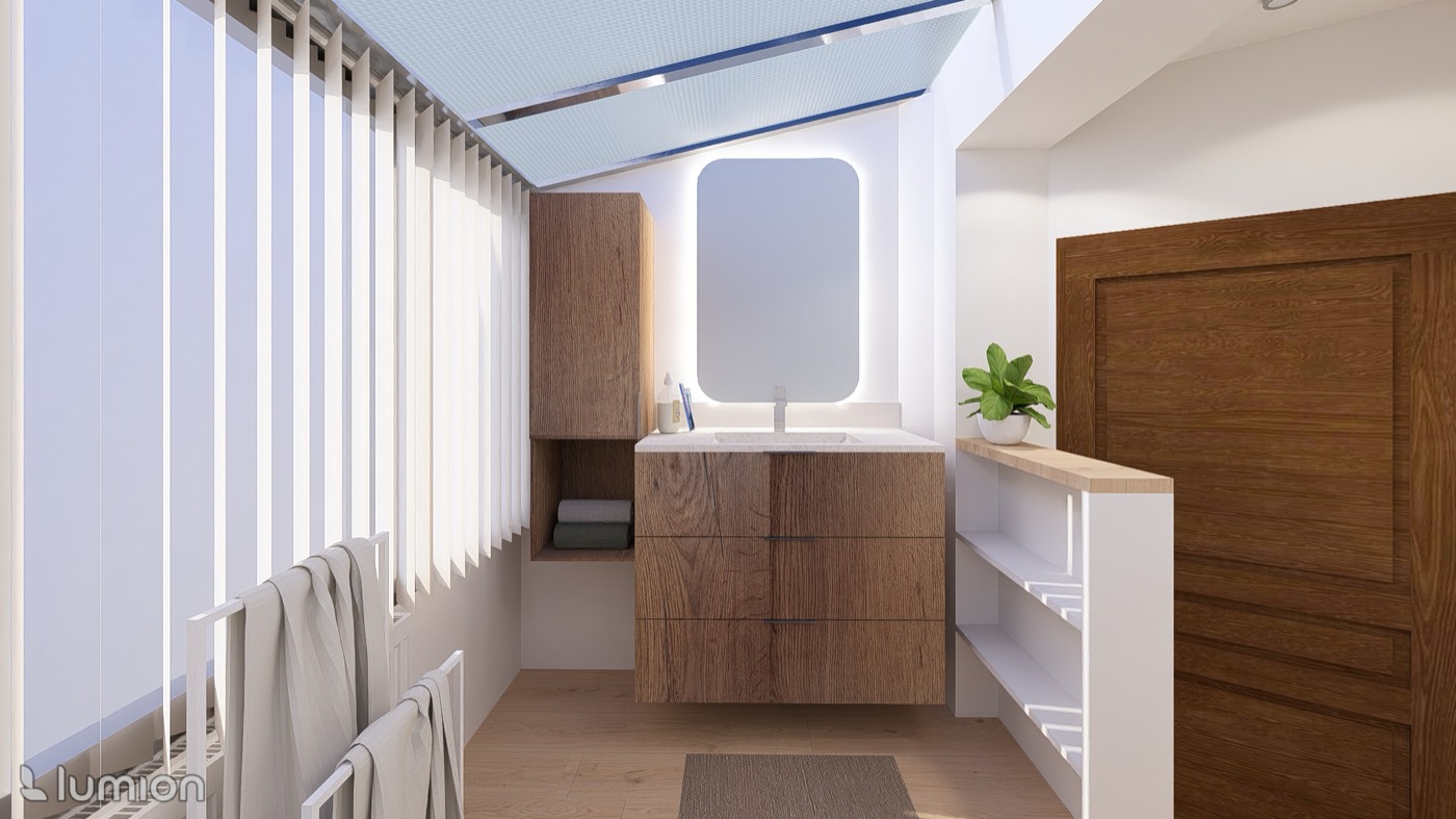 Rendu 3D — salle de bain bois clair, vasque suspendue, verrière naturelle
