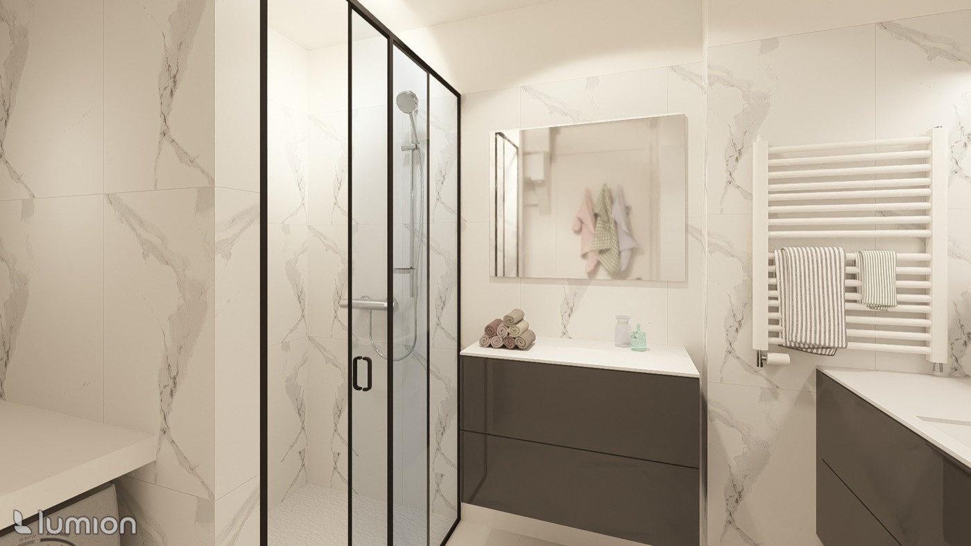 Rendu 3D MT Studio — salle de bain marbre, douche italienne et menuiseries noires