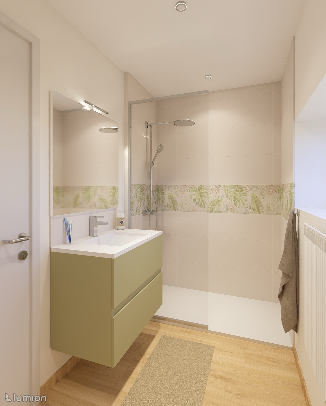 Rendu 3D — petite salle d'eau, meuble vert kaki et frise feuillage