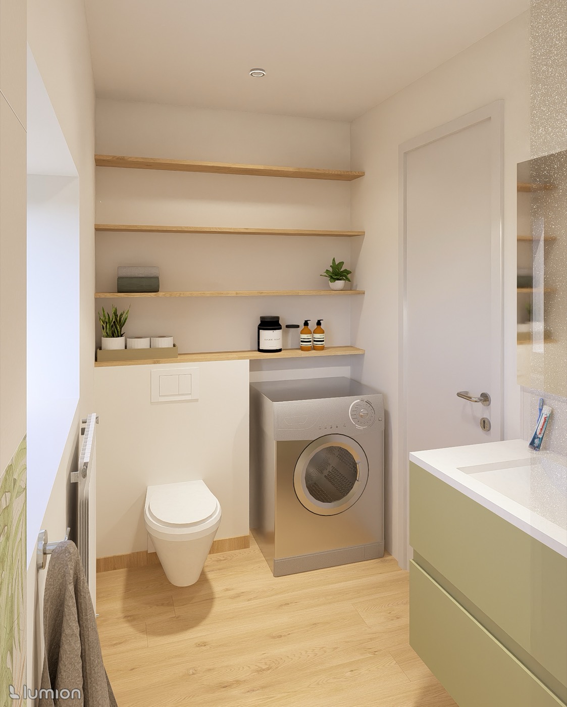 Rendu 3D — WC suspendu et buanderie intégrée, étagères bois et meuble vert sauge